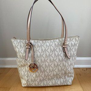 Michael Kors Tan and White MK Tote